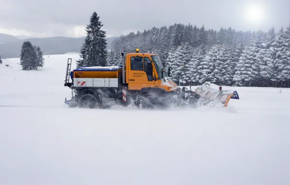 Снег, деревья, Mercedes-Benz, спецтехника, Unimog, U400