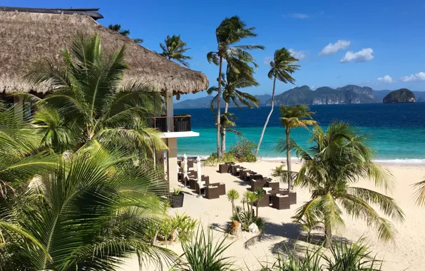 Пляж, пальмы, океан, отель, курорт, Филлипины, Pangulasian Island, Dreamscape in El Nido