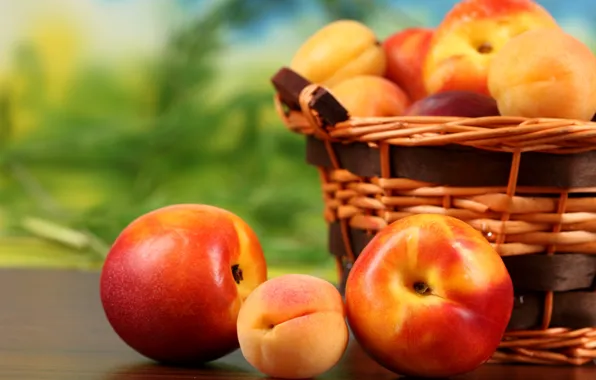 Картинка корзина, фрукты, персики, fruit, абрикосы, нектарин, peaches, apricots