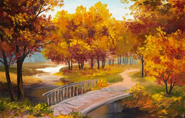 Осень, деревья, река, мостик, время года