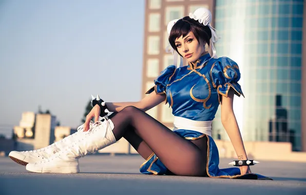 Картинка model, women, cosplay, Street Fighter, Chun-Li, pantyhose, boots, video games