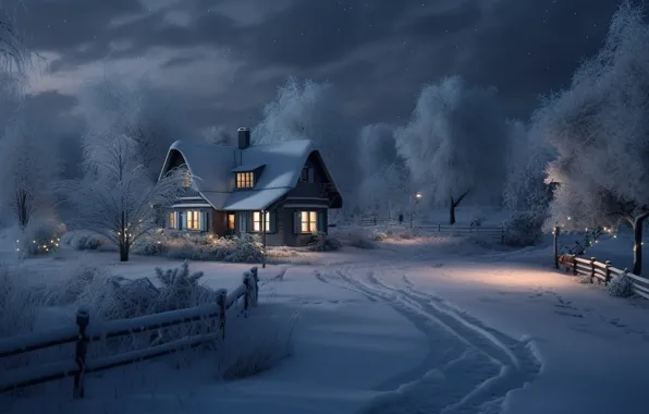 Картинка зима, снег, ночь, lights, елка, Новый Год, Рождество, домик