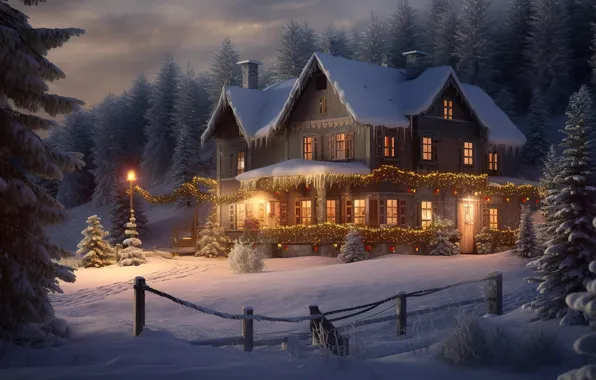 Картинка зима, снег, ночь, lights, Новый Год, мороз, Рождество, хижина