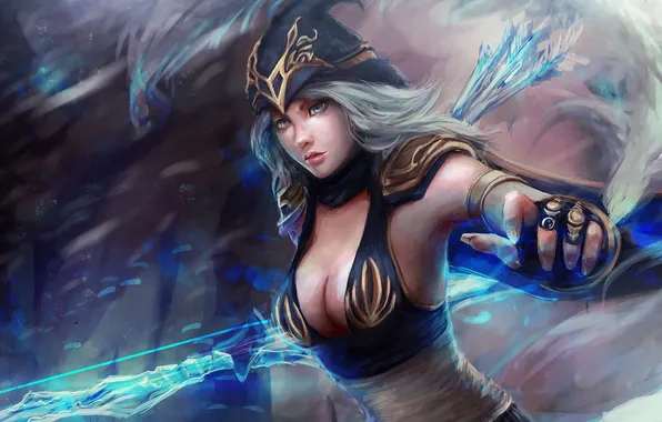 Грудь, взгляд, девушка, лучница, League of Legends, ashe, Frost Archer