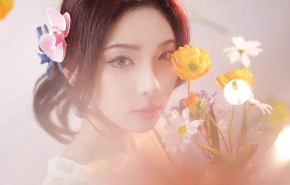 Beautiful, Asian, Model, Flowers, Woman, Bouquet, Cute, Pretty