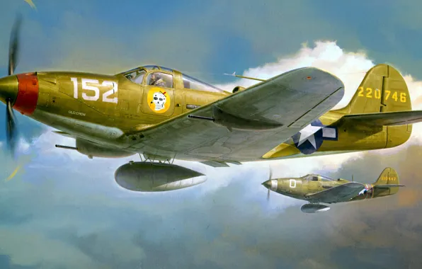 Рисунок, арт, ВВС США, Bell, Airacobra, P-39Q, американский истребитель