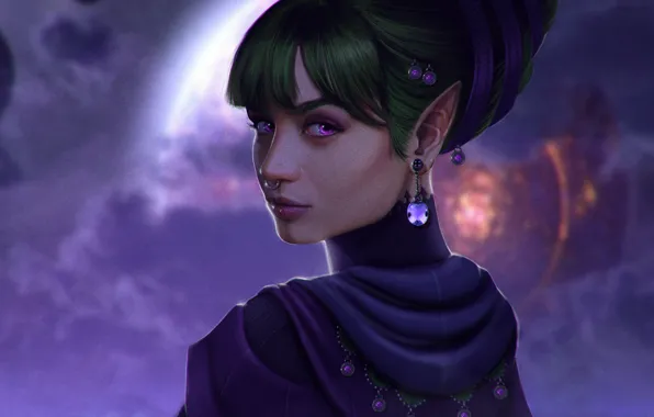 Небо, взгляд, девушка, облака, лицо, эльф, планета, красота