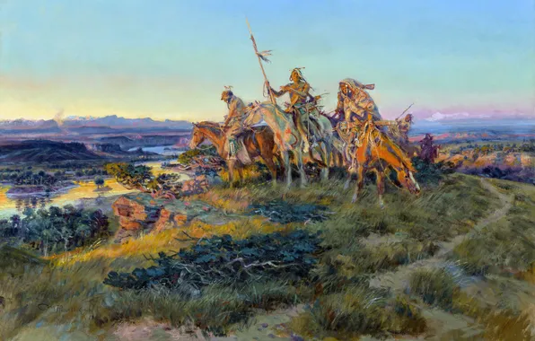Река, рассвет, картина, пыль, дикий запад, Charles Marion Russell, американский художник, лошади