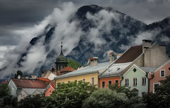 Облака, горы, город, дома, Австрия, Тироль, Инсбрук