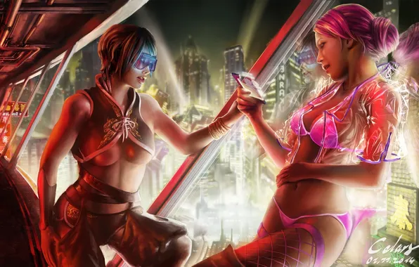 Эротика, взгляд, девушки, сетка, чулки, окно, Cyberpunk