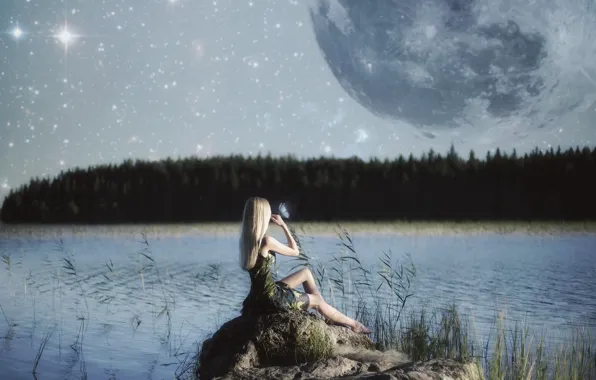 Картинка девушка, озеро, луна