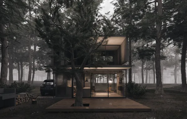 Картинка лес, дизайн, дрова, автомобиль, строение, H3 house