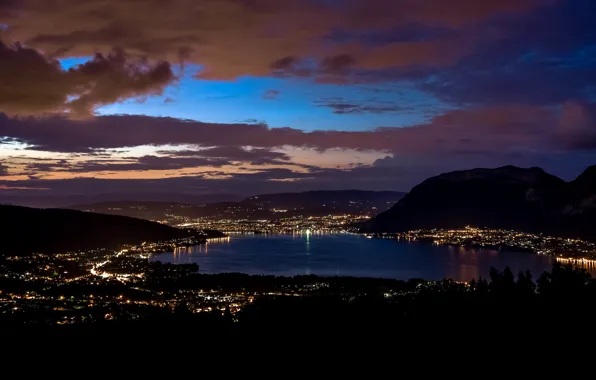 Горы, ночь, город, огни, озеро, Франция, Анси, le lac d'Annecy