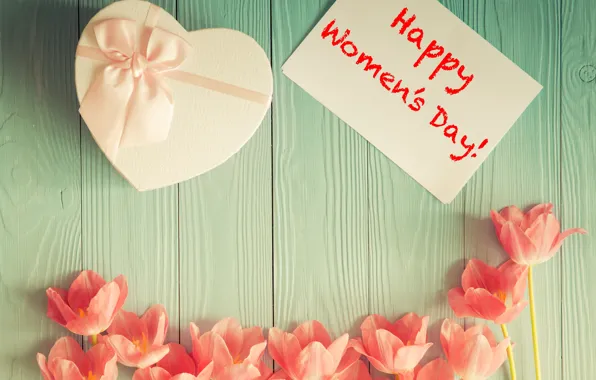 Праздник, подарок, надпись, тюльпаны, 8 марта, Happy Women's Day