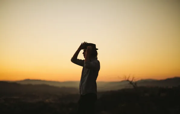 Twilight, hat, sunset, man, dusk