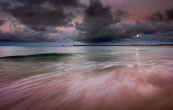 Картинка море, небо, облака, пейзаж, закат, природа, waves, beach