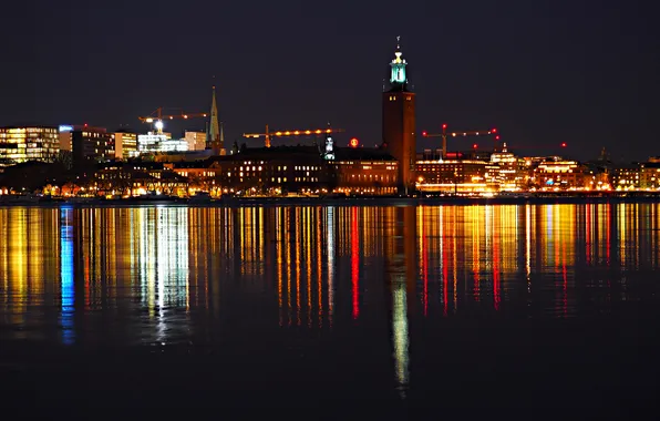 Ночь, огни, дома, Стокгольм, Швеция, гавань