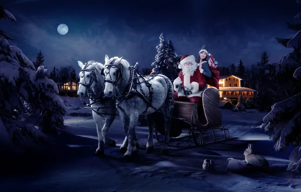 Картинка ночь, луна, новый год, лошади, дед мороз