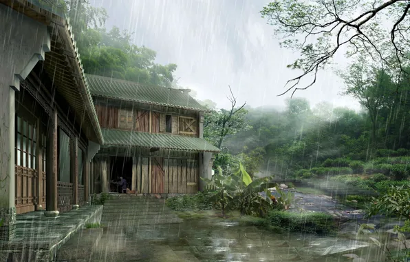 Дом, дождь, япония, Japan, house, rain