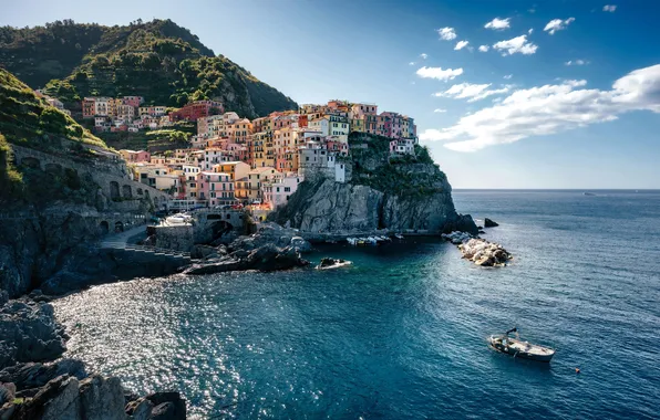 Облака, Море, Город, Италия, залив, Italy, Sao Paulo, Manarola