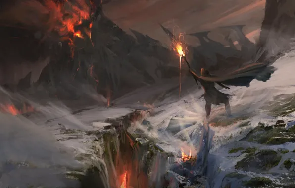 Fire, flame, fantasy, magic, art, mountain, snow, lava