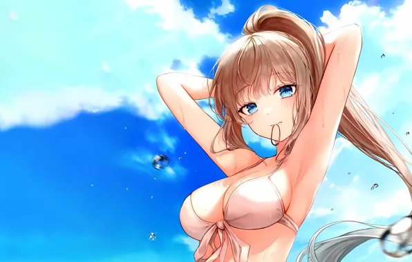 Girl, sexy, wet, cleavage, sky, long hair, brown hair, boobs