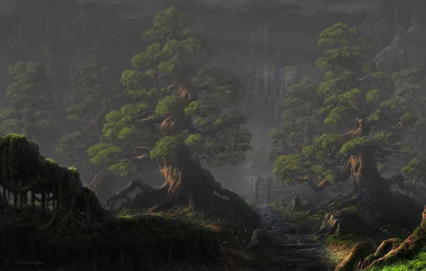 Картинка лес, деревья, пейзаж, горы, ручей, водопад, колесо, арт