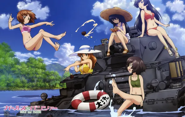 Девочки, танк, бикини, Panzer IV Ausf. D, танкистки, Saori Takebe, Miho Nishizumi, Girls und Panzer