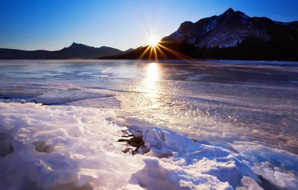 Картинка зима, небо, солнце, горы, река, лёд, весна, начало