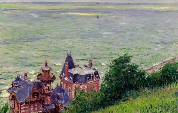 Море, небо, пейзаж, дома, Виллы в Турвиле, Gustave Caillebotte