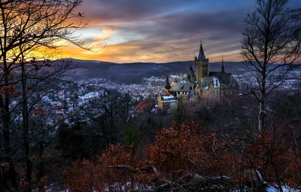 Закат, город, Schloss Wernigerode