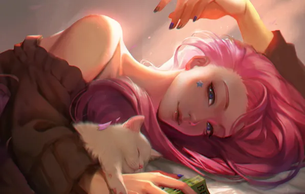 Blue eyes, women, cats, League of Legends, digital art, fan art, anime girls, purple hair