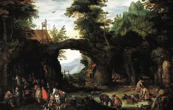 Картинка картина, жанровая, Ян Брейгель младший, Пейзаж со Сценой Католической Мессы в Гроте