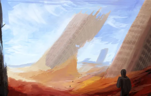 Картинка sky, blue, people, sand, destroyed, buildings, Sci Fi, Apocalyptic