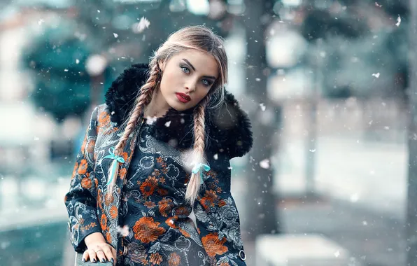 Картинка снег, макияж, губки, косы, St Petersburg, Alessandro Di Cicco