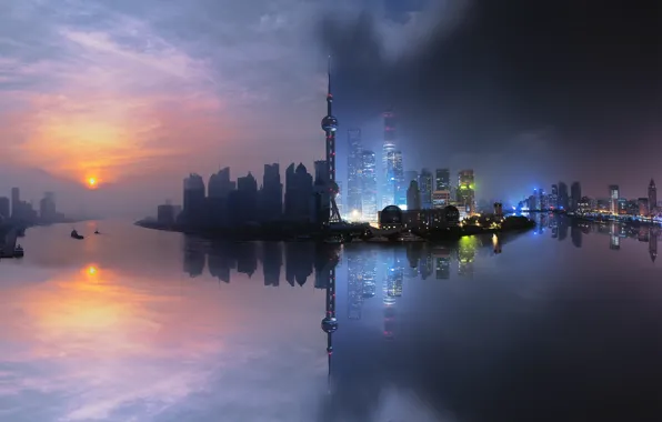 China, Shanghai, City, Light, Clouds, Sky, Sun, Water