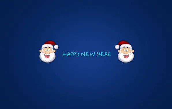 Надпись, новый год, головы, санта клаус, дед мороз, синий фон, happy new year