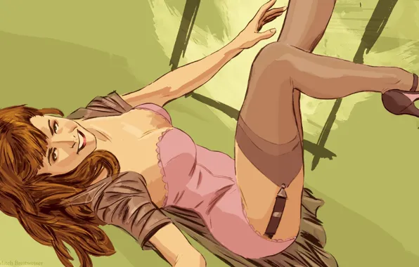 Улыбка, декольте, корсет, халатик, рыжая девушка, pin-up, вверх ногами, чулки на подвязках