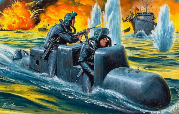 Картинка огонь, атака, рисунок, взрывы, корабли, арт, порт, WW2