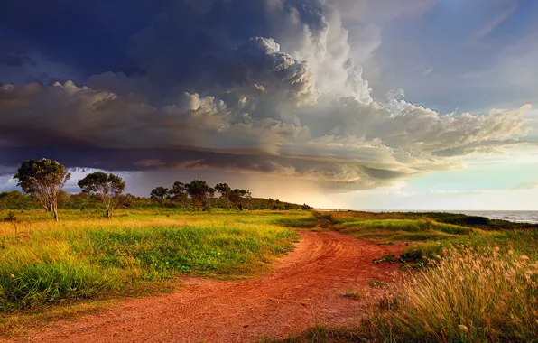 Картинка дорога, небо, облака, тучи, шторм, берег, Австралия, циклон