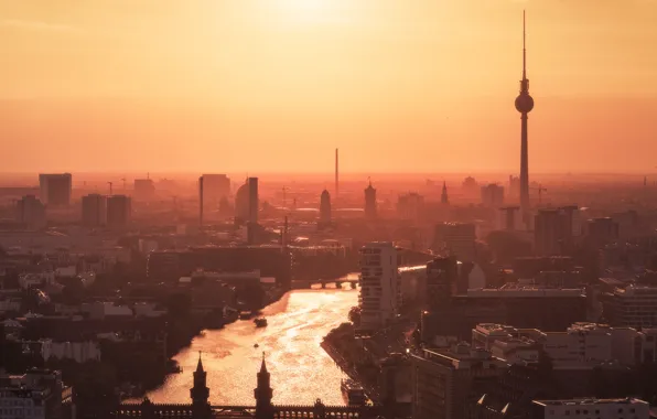 Tower, river, Germany, sunset, Berlin, Fernsehturm