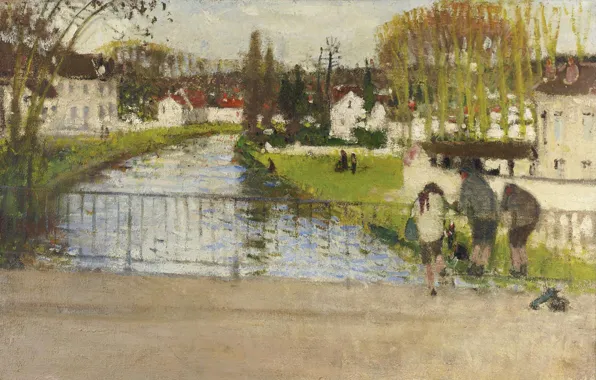 Пейзаж, мост, река, картина, Пьер Эжен Монтезин, Pierre-Eugene Montezin, Standing on the Bridge of Moret …