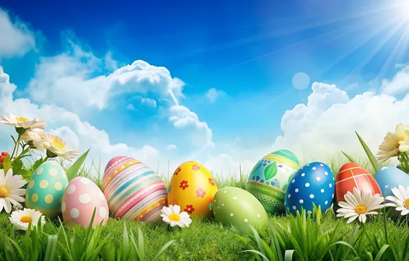 Картинка цветы, яйца, весна, colorful, Пасха, happy, flowers, spring