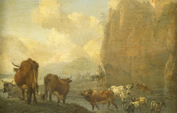 Животные, масло, картина, 1694, Виллем Ромейн, Стадо у Реки, Willem Romeyn