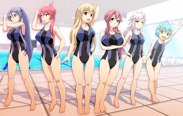 Sexy, pool, pink hair, long hair, legs, girls, boobs, anime