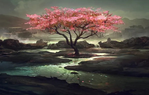 Картинка озеро, дерево, арт, сумрачно