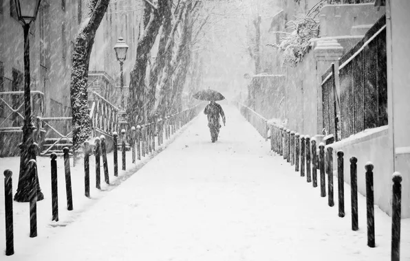 Зима, снег, город, Франция, Париж, человек, зонт