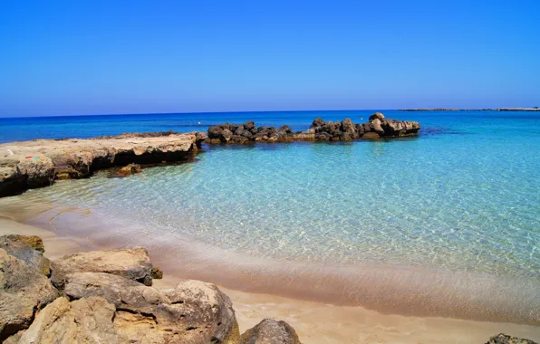 Картинка море, вода, побережье, горизонт, камни., Кипр, Cyprus, Protaras