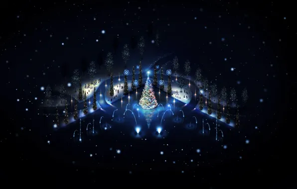 Картинка зима, ночь, огни, праздник, игрушки, елка, новый год, снеговики