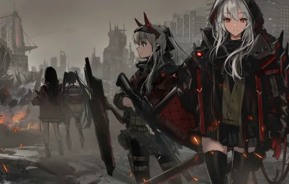 Ночь, оружие, девушки, арт, руины, Girls Frontline, Девушки фронта